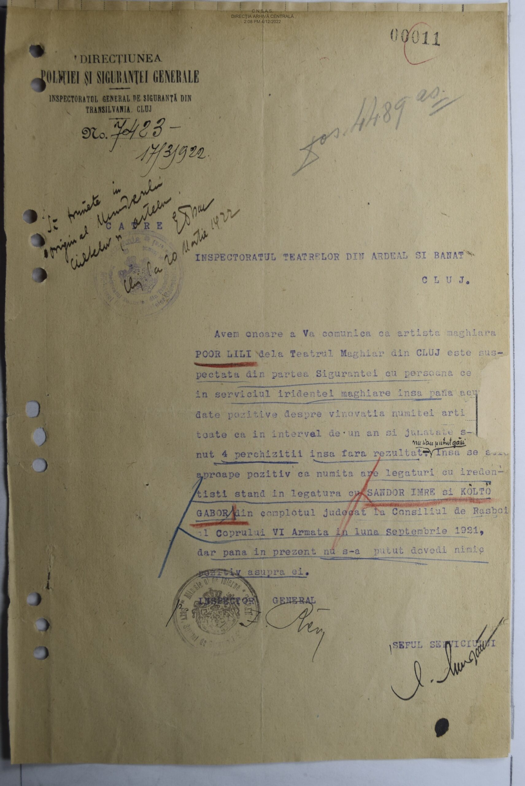 04 Suspiciune spionaj Directiunea Politiei catre Insp Teatrelor 1922 page 17